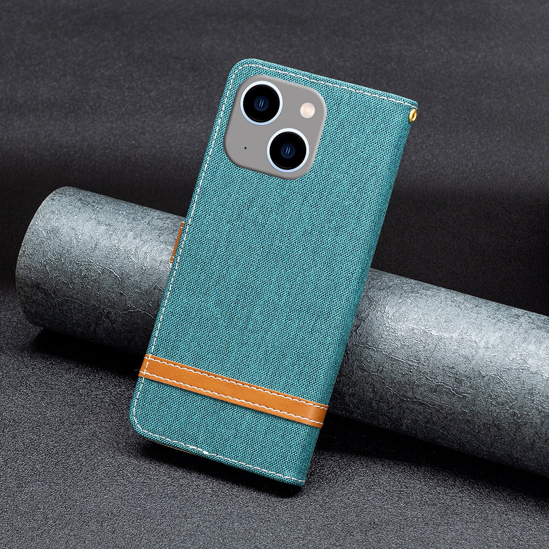Uniqkart for iPhone 15 Plus PU Leather + TPU Phone Case Jeans Cloth Splicing Wallet Stand Anti-scratch Cover - Green Uniqkart for iPhone 15 Plus PU Leather + TPU Phone Case Jeans Cloth Splicing Wallet Stand Anti-scratch Cover - Green